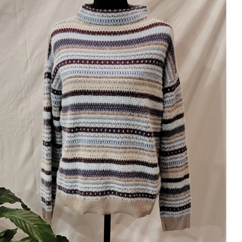 Ann Taylor Fair Isle Mock Neck Sweater Blue Tan Striped Metallic Fuzzy Knit S